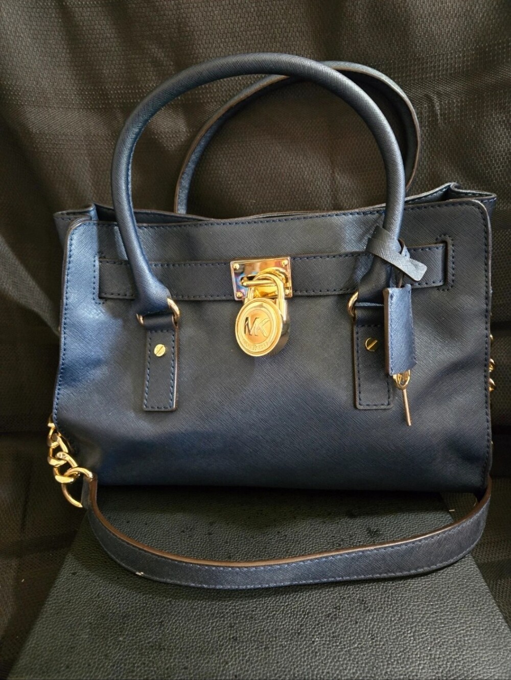 Michael Kors Hamilton Navy Saffiano Satchel with Gold Hardware